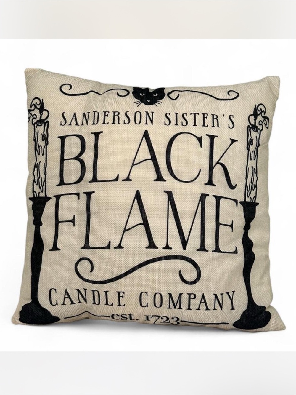 💜 NWOT Hocus Pocus Sanderson Sister Black Flame Candle Linen Pillow w/ Cover